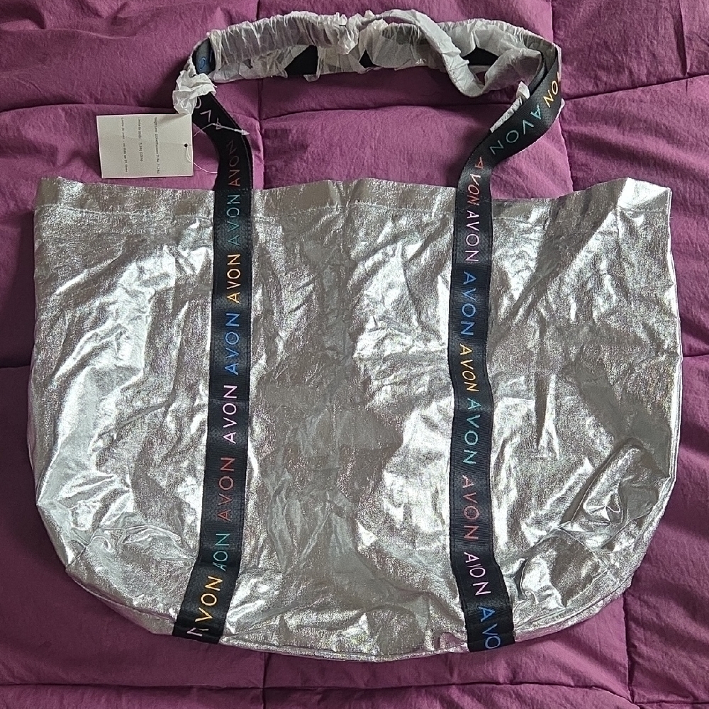 Avon Metallic Silver Big Lightweight Tote Bag w Rainbow Color Logo On Straps NWT